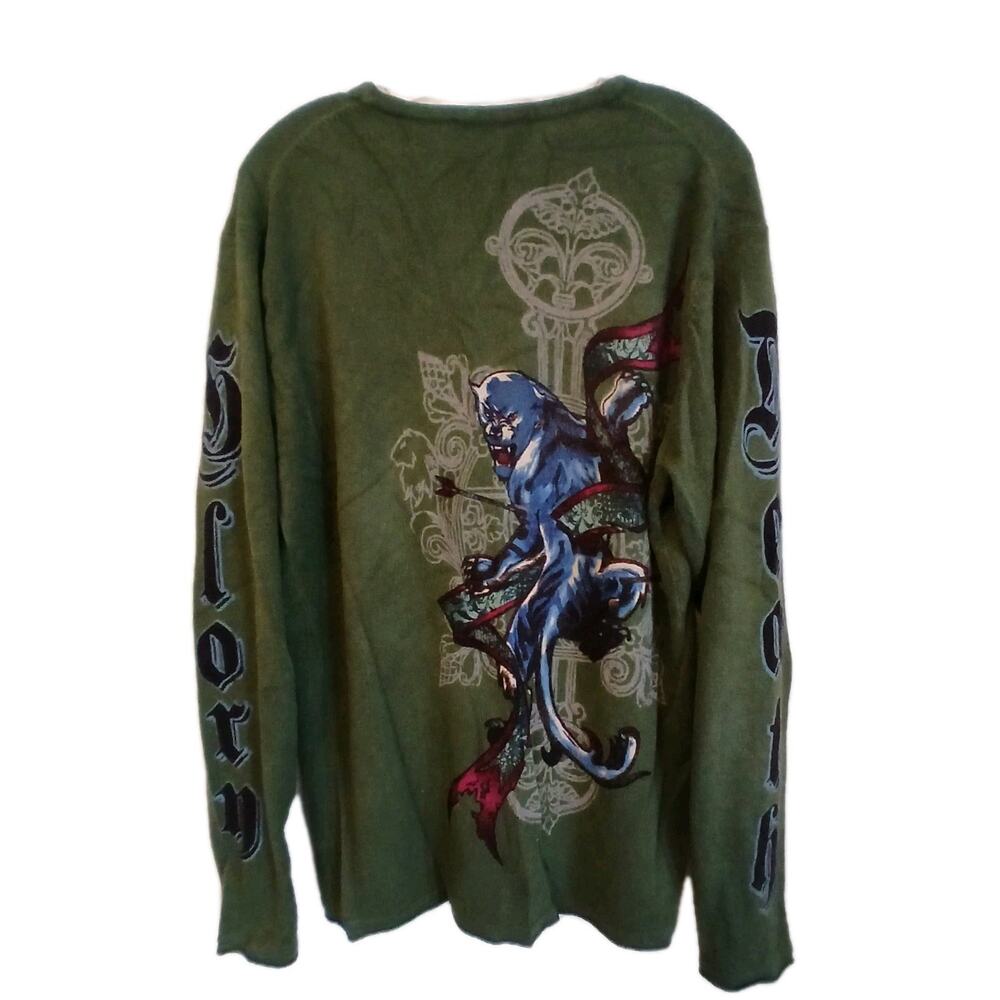 Raw7 Panther Crewneck Sweater Men's Sz L‎ Green Knit Graphic Goth Raver Skater